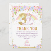 Cute Unicorn 3rd Birthday Rainbow Floral Hartelijk Bedankkaart (Voorkant / Achterkant)