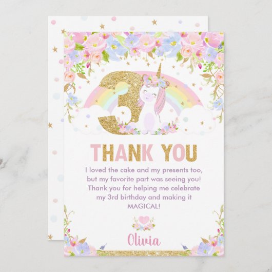 Cute Unicorn 3rd Birthday Rainbow Floral Hartelijk Bedankkaart (Voorkant / Achterkant)