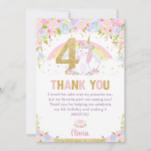 Cute Unicorn 4th Birthday Rainbow Floral Bedankkaart (Voorkant)