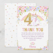 Cute Unicorn 4th Birthday Rainbow Floral Bedankkaart (Voorkant / Achterkant)