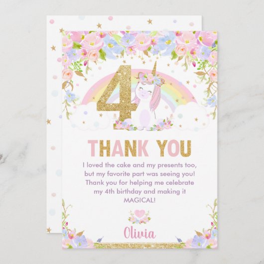 Cute Unicorn 4th Birthday Rainbow Floral Bedankkaart (Voorkant / Achterkant)