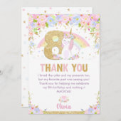 Cute Unicorn 8th Birthday Rainbow Floral Hartelijk Bedankkaart (Voorkant / Achterkant)