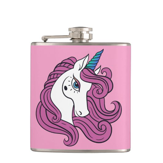 Cute Unicorn, aangepaste naam en kleurenkolf Heupfles (Voorkant)