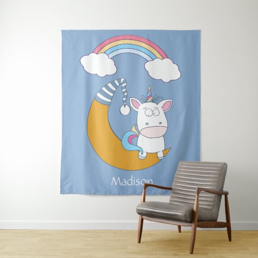 Cute Unicorn, aangepaste naam en kleurtapestries Wandkleed (In situ)
