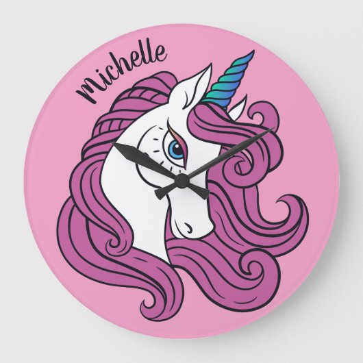 Cute Unicorn, aangepaste naam en kleurwandklokken Grote Klok (Voorkant)