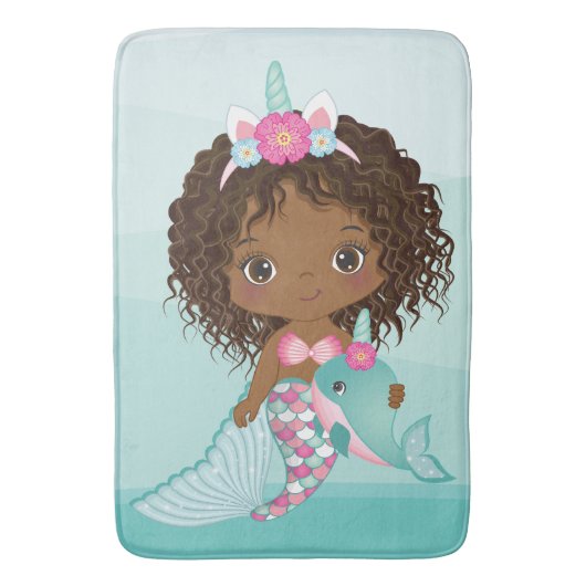 Cute Unicorn African American Mermaid Bath Mat (Voorkant Verticaal)