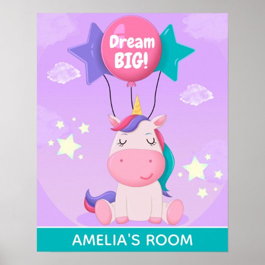 Cute Unicorn and Balloons Dream Big Personalised Poster (Voorkant)