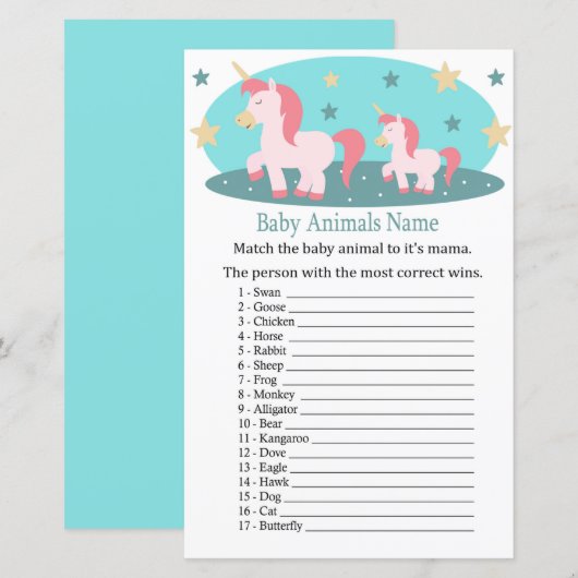 Cute Unicorn Baby Animals Name Game (Voorkant / Achterkant)