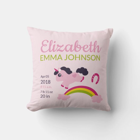 Cute Unicorn Baby Birth Stats Kussen (Voorkant)