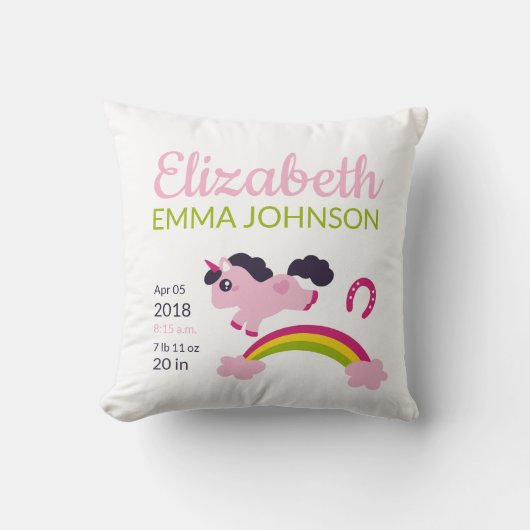 Cute Unicorn Baby Birth Stats Kussen (Voorkant)
