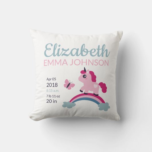 Cute Unicorn Baby Birth Stats Kussen (Voorkant)