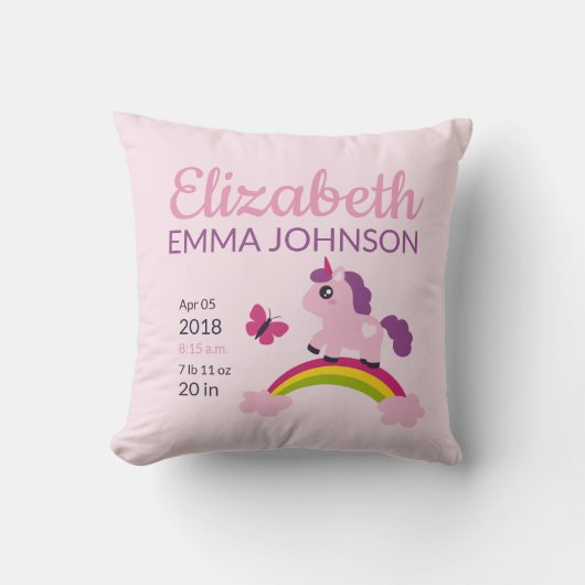 Cute Unicorn Baby Birth Stats Kussen (Voorkant)