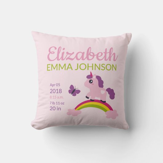 Cute Unicorn Baby Birth Stats Kussen (Voorkant)