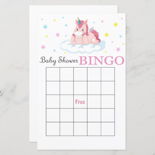 Cute Unicorn baby shower bingo card (Voorkant / Achterkant)
