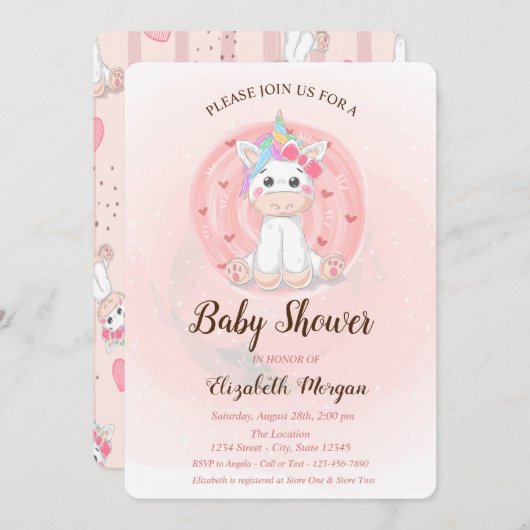 Cute Unicorn Baby shower Invitation Kaart (Voorkant / Achterkant)