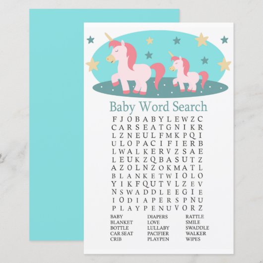 Cute Unicorn Baby shower Word Search Game (Voorkant / Achterkant)