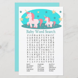 Cute Unicorn Baby shower Word Search Game