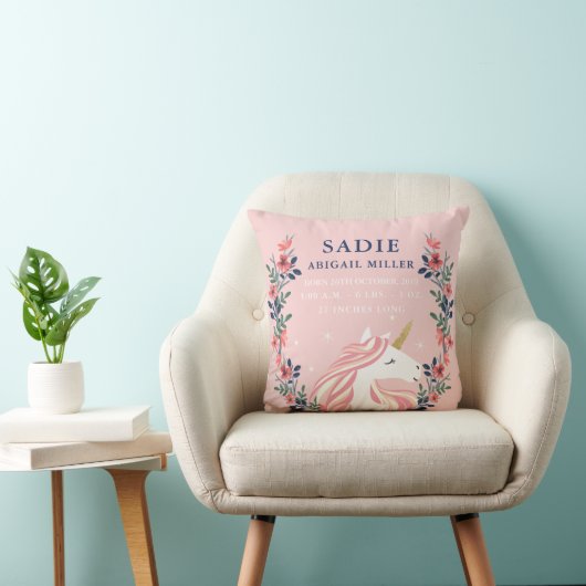 Cute Unicorn Birth Announcement Nursery Pillow Kussen (Stoel)