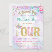 Cute Unicorn Birthday Fourth Party Invitation Kaart (Voorkant)