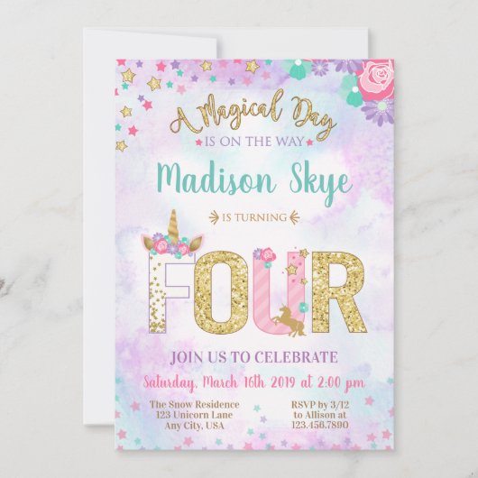 Cute Unicorn Birthday Fourth Party Invitation Kaart (Voorkant)