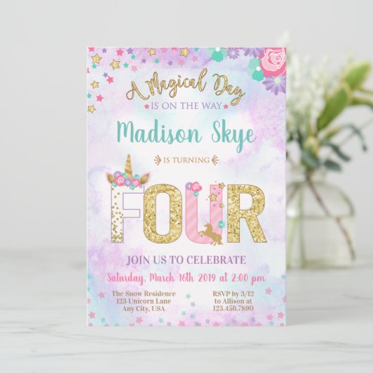 Cute Unicorn Birthday Fourth Party Invitation Kaart (Staand voorkant)