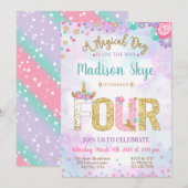 Cute Unicorn Birthday Fourth Party Invitation Kaart (Voorkant / Achterkant)