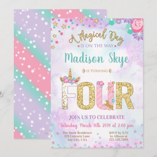 Cute Unicorn Birthday Fourth Party Invitation Kaart (Voorkant / Achterkant)