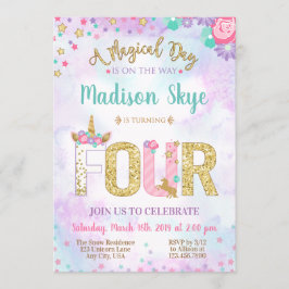 Cute Unicorn Birthday Fourth Party Invitation Kaart