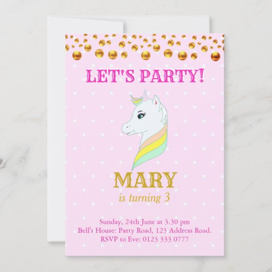 Cute Unicorn Birthday Invitation Kaart (Voorkant)