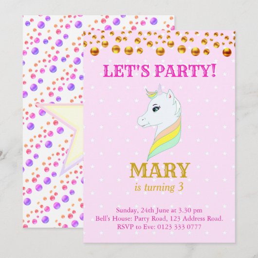 Cute Unicorn Birthday Invitation Kaart (Voorkant / Achterkant)