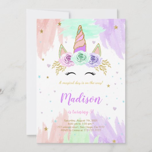 Cute Unicorn Birthday Invitation Kaart (Voorkant)