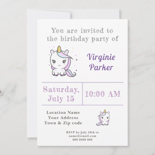 Cute Unicorn Birthday Invitation Kaart (Achterkant)