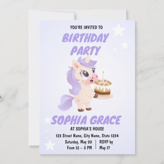 Cute Unicorn Birthday Invitation Kaart (Voorkant)