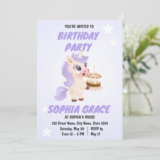 Cute Unicorn Birthday Invitation Kaart (Staand voorkant)