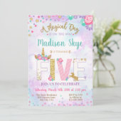 Cute Unicorn Birthday Invitation vijfde vijf Kaart (Staand voorkant)