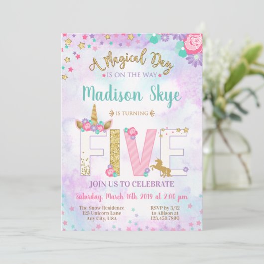 Cute Unicorn Birthday Invitation vijfde vijf Kaart (Staand voorkant)