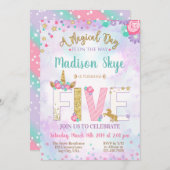 Cute Unicorn Birthday Invitation vijfde vijf Kaart (Voorkant / Achterkant)