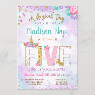 Cute Unicorn Birthday Invitation vijfde vijf Kaart