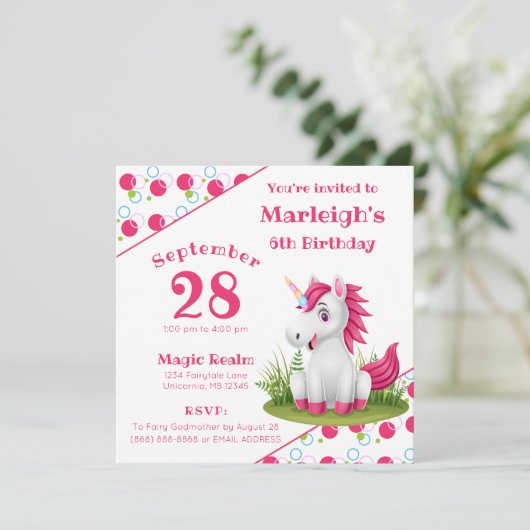 Cute Unicorn Birthday Invitation with Polka Dots Kaart (Staand voorkant)