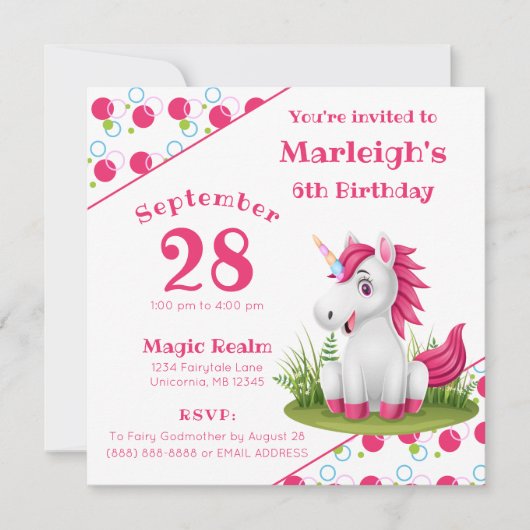 Cute Unicorn Birthday Invitation with Polka Dots Kaart (Voorkant)