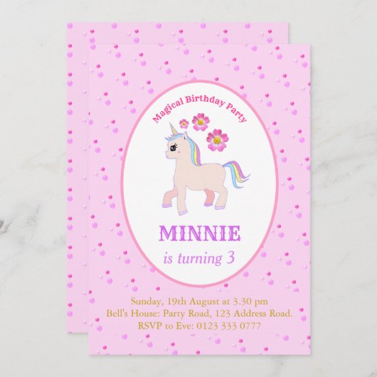 Cute Unicorn Birthday Party Kaart (Voorkant / Achterkant)