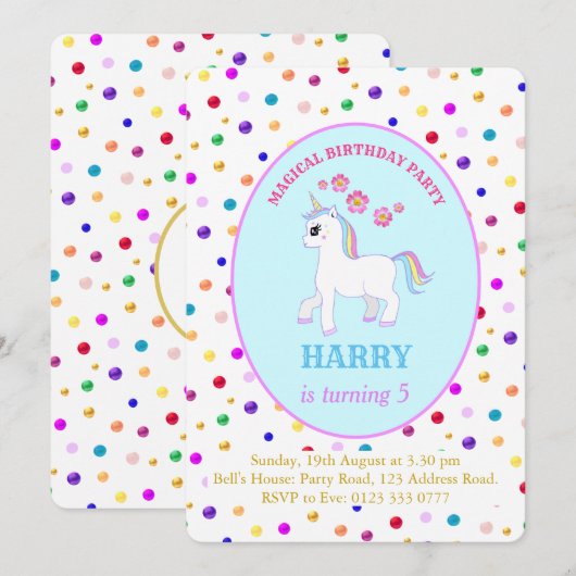 Cute Unicorn Birthday Party Kaart (Voorkant / Achterkant)