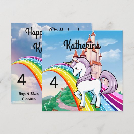 Cute UNICORN Birthday Personalize Girl's Name Age (Voorkant / Achterkant)