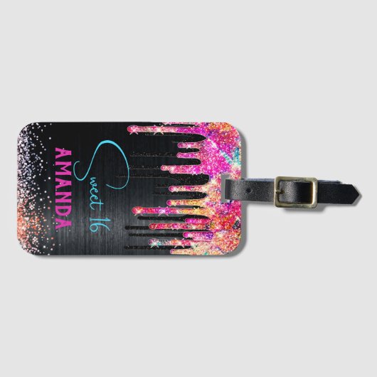 Cute unicorn Black glitter verjaardagsmonogram Bagagelabel (Voorkant (horizontaal))