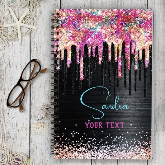 Cute unicorn Black glitter verjaardagsmonogram Notitieboek