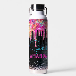 Cute unicorn Black glitter verjaardagsmonogram Waterfles