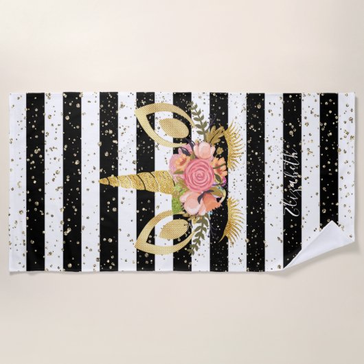 Cute Unicorn, Black White Striped - Personated Strandlaken (Voorkant)