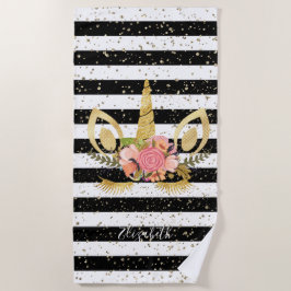 Cute Unicorn, Black White Striped - Personated Strandlaken