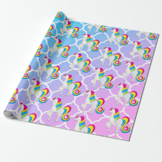 Cute Unicorn Blue en Roze Quatrefoil Cadeaupapier