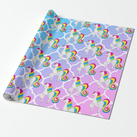Cute Unicorn Blue en Roze Quatrefoil Cadeaupapier (Uitgerold)